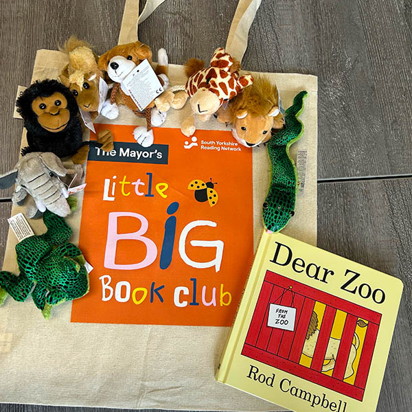 Little Big Book Club tote with animal puppets and Dear Zoo book