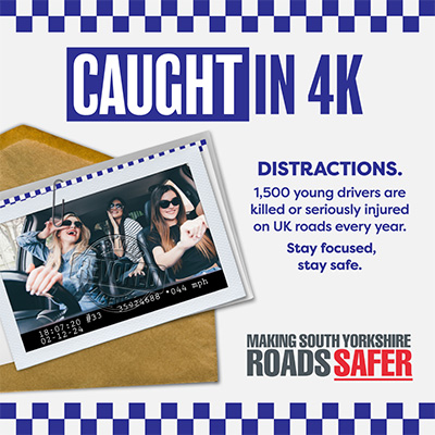 Road safety banner warning about driver distractions with ‘Caught in 4K’ headline.