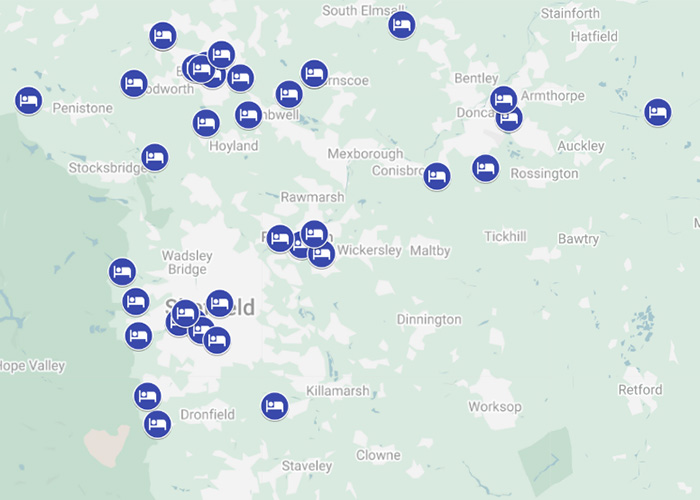 Map of South Yorkshire showing self catering locations marked with blue hotel icon