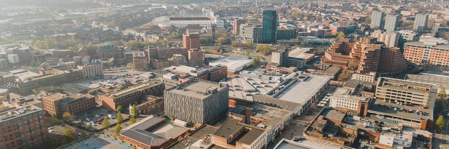 Aerial view of Sheffield city centre around the Moor area.