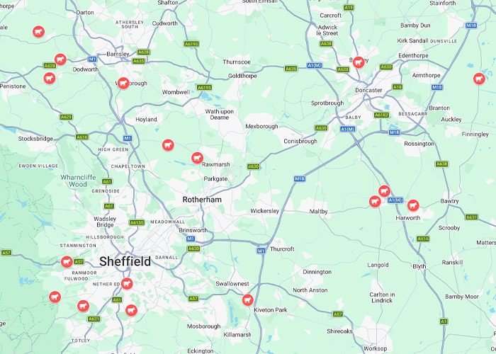Map of South Yorkshire showing farm locations marked with animal icon