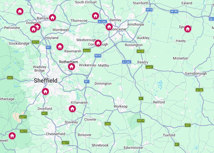 Map of South Yorkshire showing historic houses locations marked with house icon