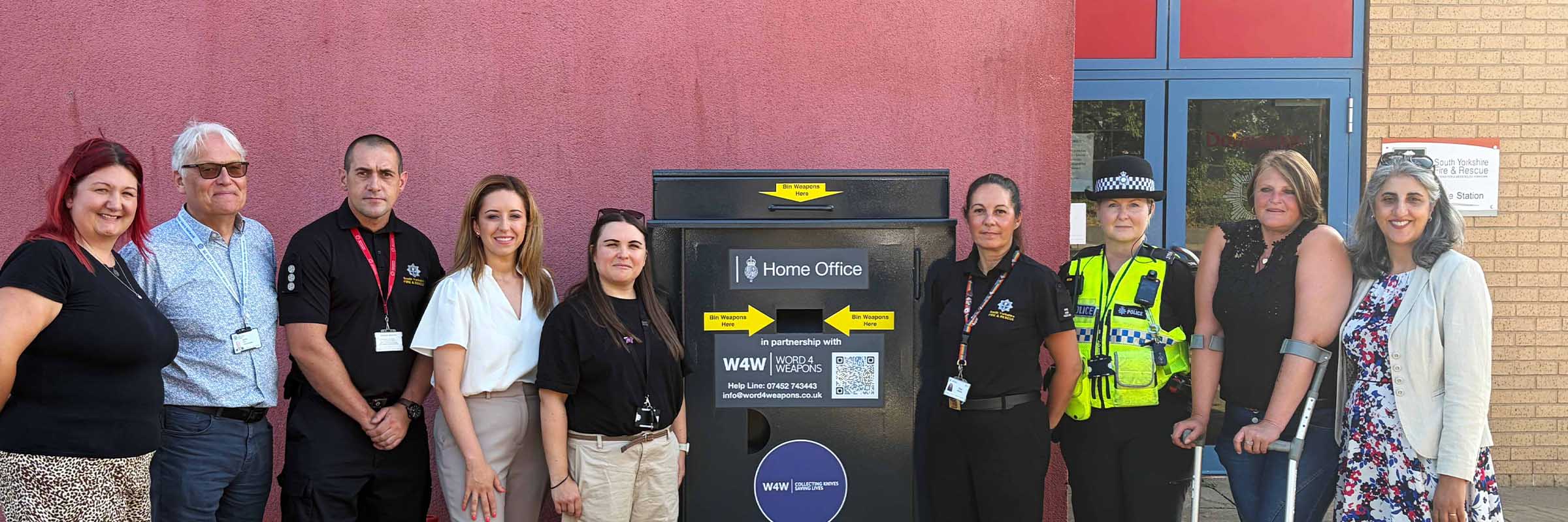 Deputy Mayor for Policing and Crime Kilvinder Vigurs stands alongside partners at Doncaster Fire Station during the launch of a new knife surrender bin initiative in South Yorkshire.