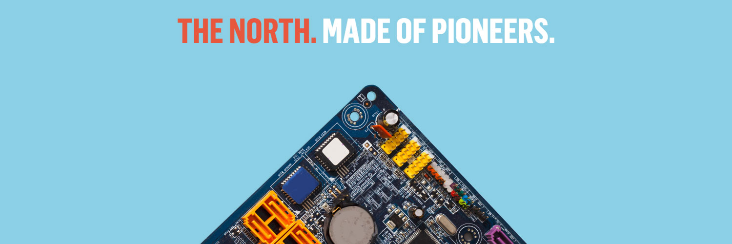 A circuit board with text: The North. Made of Pioneers.