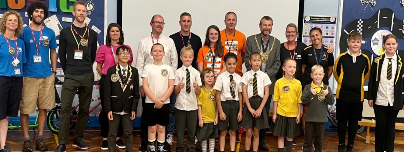 South Yorkshire Active Travel Commissioner, Ed Clancy OBE with students of Lowedges Junior Academy