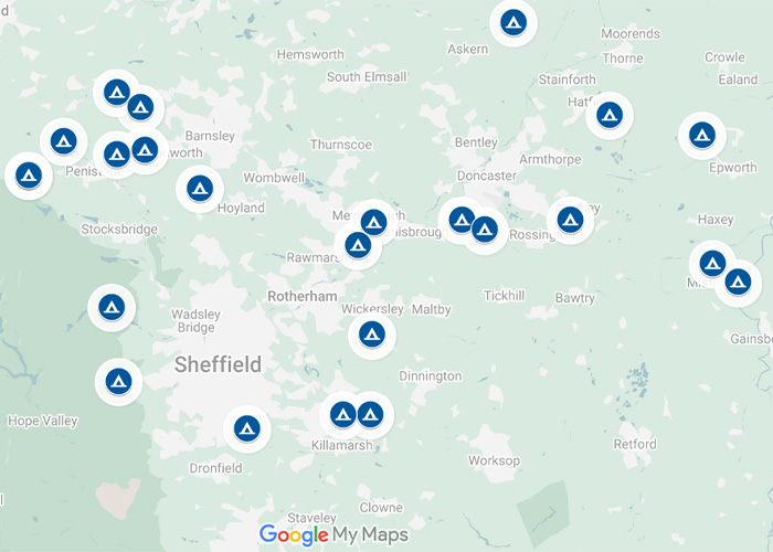 Map of South Yorkshire showing camping and caravan locations marked with blue camping icon