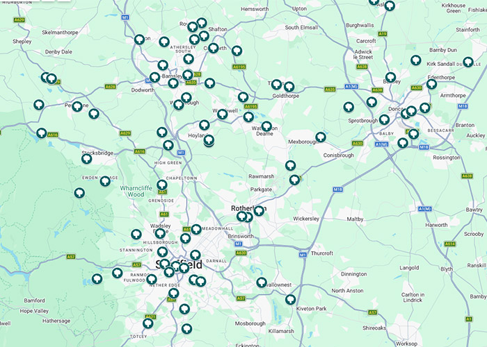 Map of South Yorkshire showing park and nature reserve locations marked with pin icon