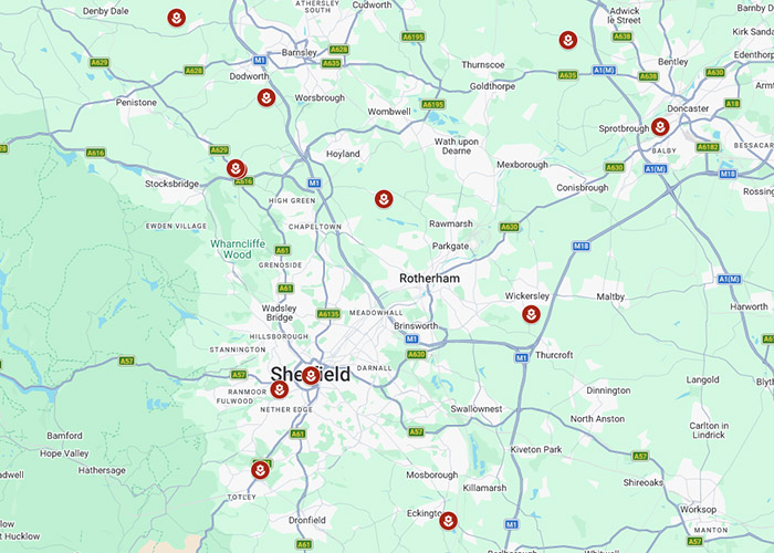 Map of South Yorkshire showing gardens locations marked with pin icon