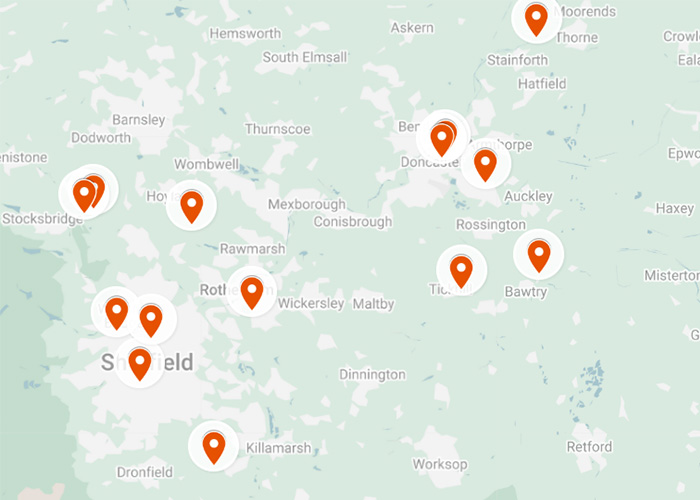 Map of South Yorkshire showing B&B locations marked with pin icon