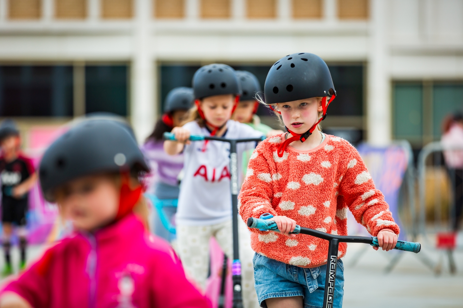Launch of the RampUp project in The Glass Works Square at Barnsley and shows children wheeling on multi-purpose, portable street ramps that aim to inspire community, culture and physical activity across Barnsley.