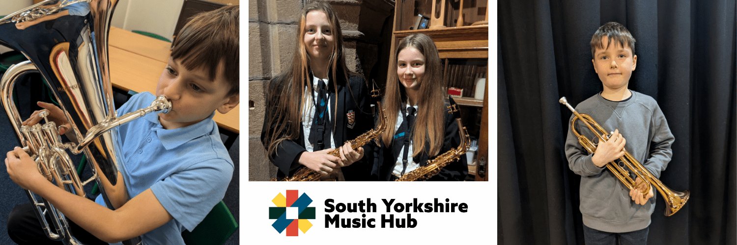 Children and young people in South Yorkshire Music Hub programmes playing brass and woodwind instruments.
